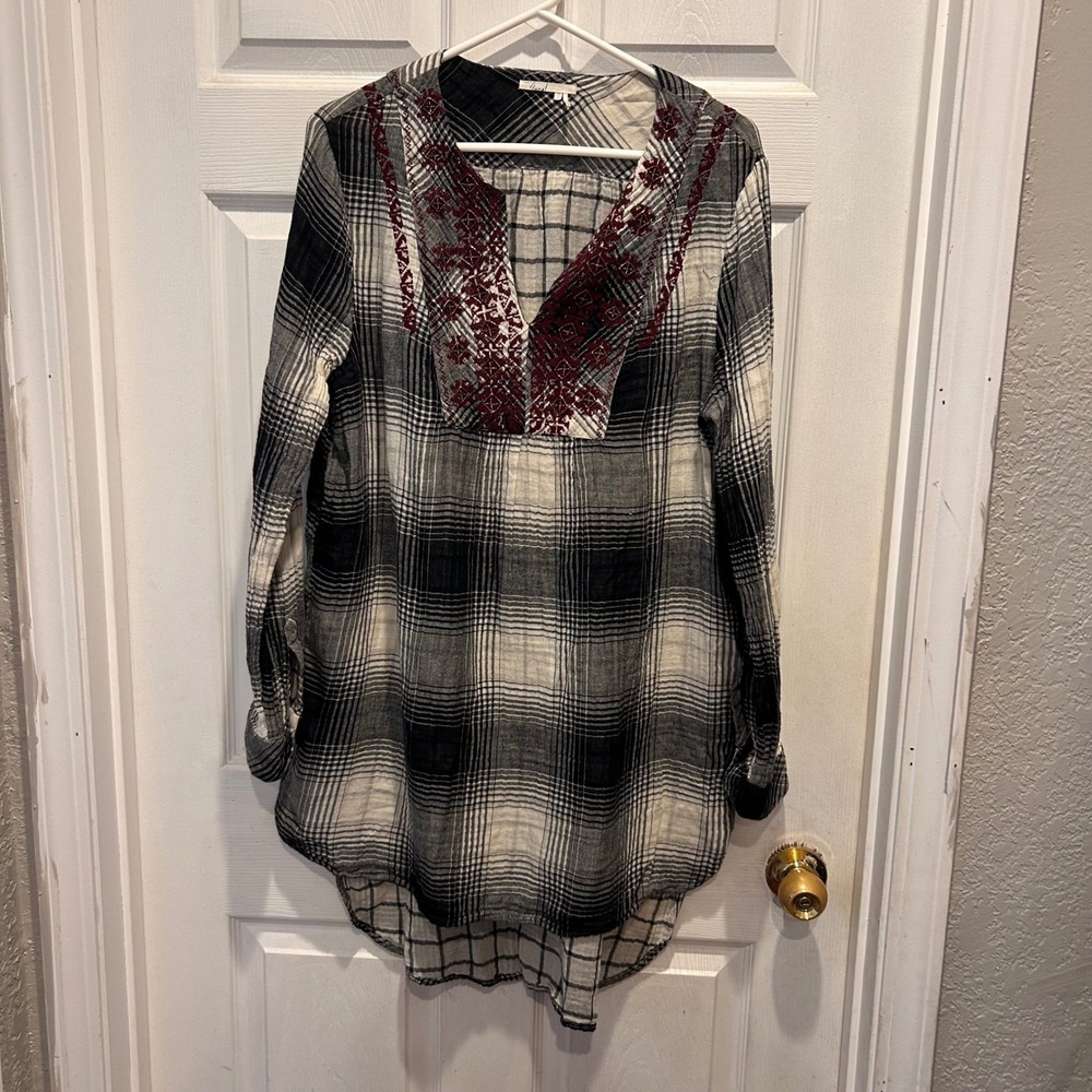Anthro FLOREAT Plaid Embroidered Tunic Top Long Sleeve Women's L Gauze Boho